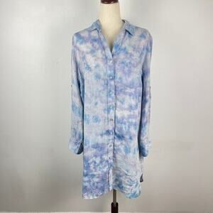 Finley Blue Tie Dye 100% linen Collared Button front Shirt Dress Women's Medium